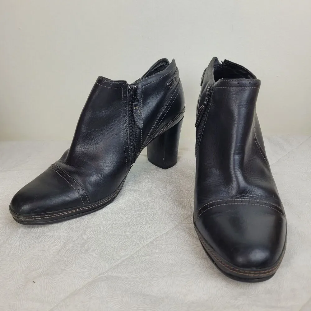 Clarks Artisan Black Leather Cap Toe Ankle Bootie Heels Zipper Womens 10M casual